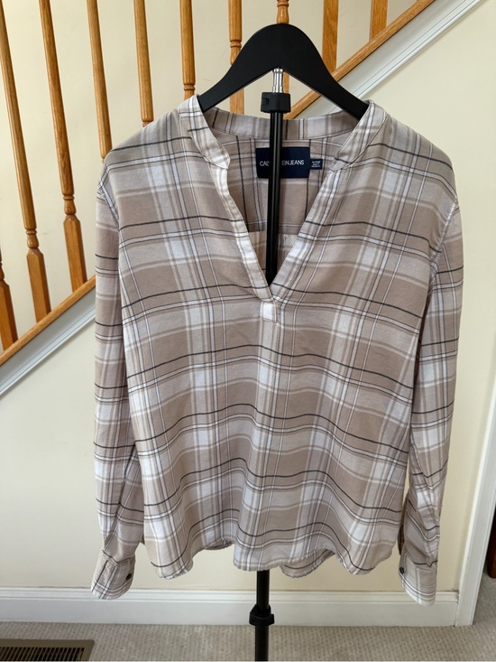 Calvin Klein Tops - Calvin Klein Taupe & White Plaid V-Neck Long-Sleeve Blouse